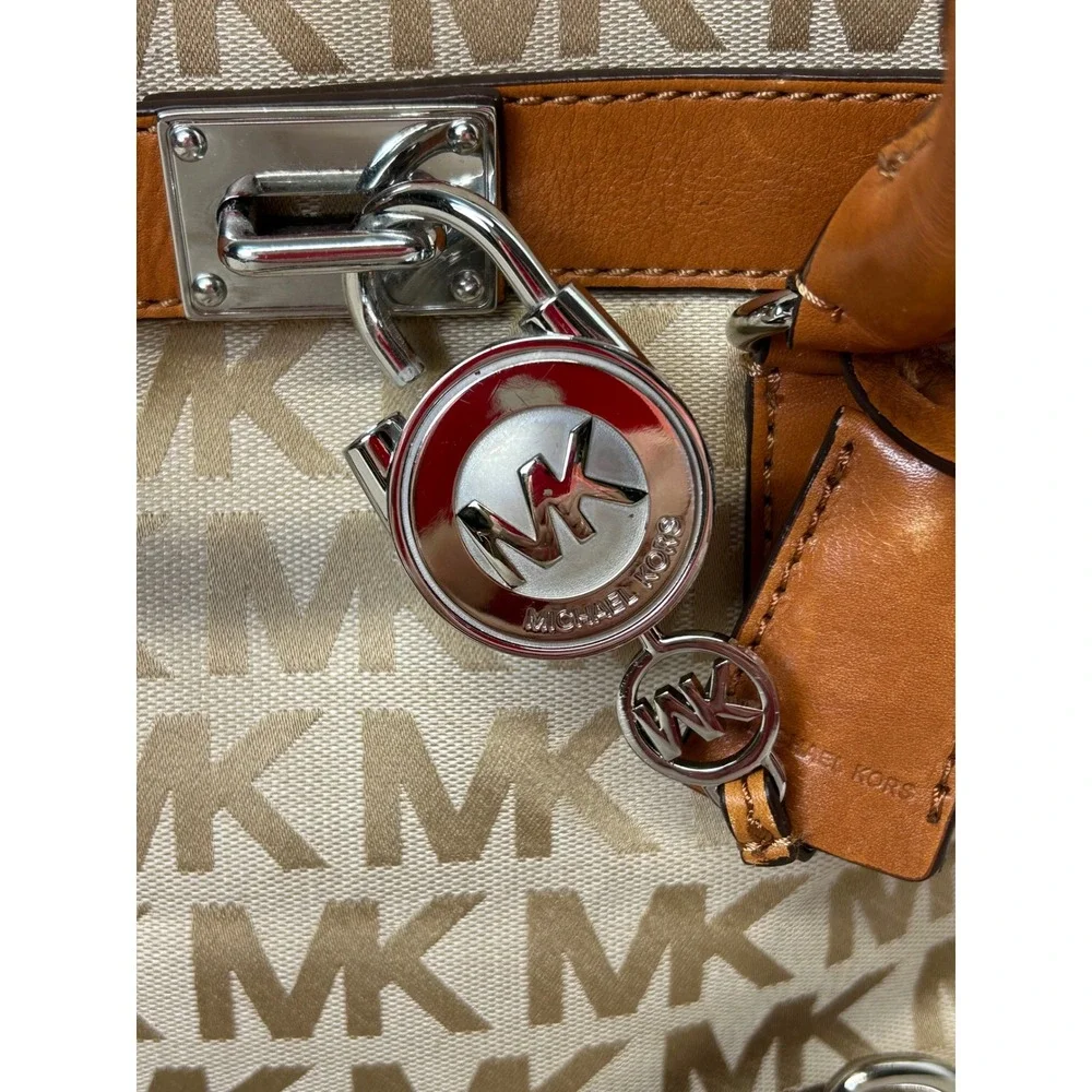 Michael Kors Hamilton Satchel Monogram Canvas Tan Leather Crossbody Bag Dust Bag